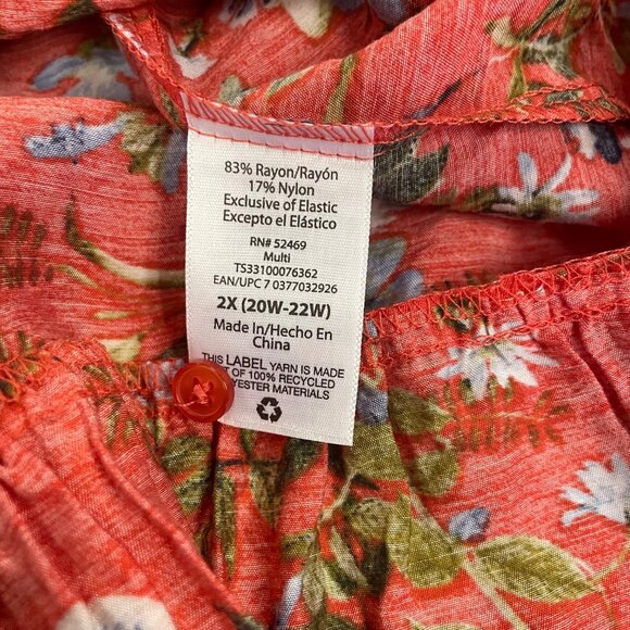 Terra & Sky Floral Pleated Tiered Dress Long Sleeve Orange/Multi Size 2X New - Picture 9 of 9